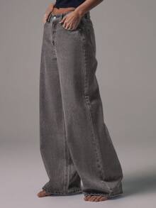 MUSERA Mid Waist Wide Leg Mid Blue Wash Silver Button Detail Denim Jeans Mid Rise Casual Fall Autumn Winter Night Out Back To School Office - Grey - View 4