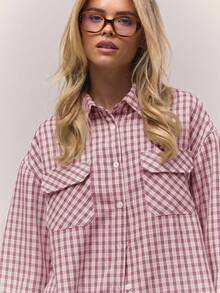 MUSERA Oversized Checkered Front Pocket Button Down Shirt Old Money Cute Country Cottage Core Clean Girl Casual Spring Summer Holiday - Pink - View 5