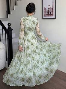 Modelyn Green Tie Collar Ruched Waist Women's Dress, Suitable For Spring And Autumn - Green - View 2