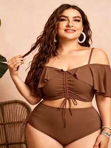 Swim Chiccia Women's Solid Color Spaghetti Strap Off-Shoulder 2-Piece Bikini Set With Ruffles And Drawstring - Elegant And Stylish For Vacation - Dark Grey - View 3
