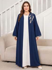 Al Najma Plus Size Solid Color Leaf Embroidered Long Sleeve Maxi Abaya For Women - Navy Blue - View 4