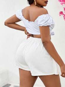 SHEIN SXY 大码夏季休闲纯色侧系带牛仔短裙 - 白色 - 查看 2