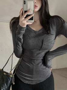 DAZY Women's Solid Color Simple Daily Long Sleeve T-Shirt Summer - Dark Grey - View 1