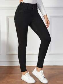 EMERY ROSE High Waist Button Fly Skinny Jeans - Black - View 7