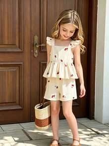 SHEIN Bộ 2 món gồm áo không tay và quần short in họa tiết quả anh đào độc đáo, kiểu dáng cổ điển, rộng rãi, thích hợp cho hoạt động ngoài trời mùa hè và đi học. - Màu be - Xem 1