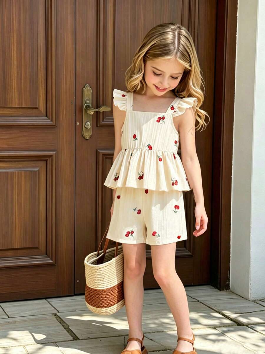SHEIN Bộ 2 món gồm áo không tay và quần short in họa tiết quả anh đào độc đáo, kiểu dáng cổ điển, rộng rãi, thích hợp cho hoạt động ngoài trời mùa hè và đi học. - Màu be - Xem 1
