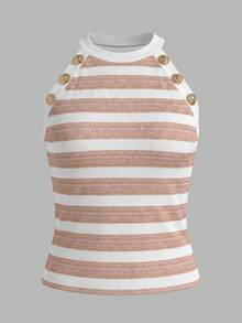 EMERY ROSE Women's Minimalist Button Decor Striped Halter Neck Tight Top, Summer - Brown - View 3