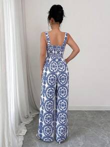 SHEIN Raffinéa Women's Vacation Printed Sleeveless Jumpsuit - Blue - View 2