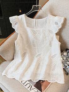 SHEIN Franclia Blouse d'été blanche élégante et romantique pour femmes, avec col carré et manches courtes, brodée - Blanc - Voir 5