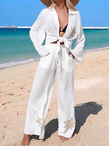 Swim Lushoire 26SS Spring/Summer Vacation Beach Elegant Black Embroidered Loose Shirt Kimono Cover Up - White - View 4
