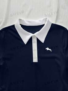 Flirla 大尺碼女款學院風拼色 Polo 領極簡運動休閒洋裝 - 藏蓝色 - 查看 4
