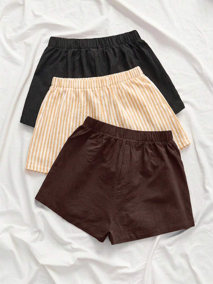 SHEIN VCAY 3件套女士夏季编织时尚多色亚麻短裤,女士夏季服装,夏季服饰,科切拉音乐节,女士节日服装 - 棕色 - 查看 1