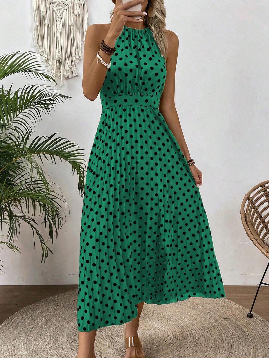 EMERY ROSE Women's Polka Dot Halter Sleeveless Dress Maxi Vacation Beach Outfit - Dark Green - View 1