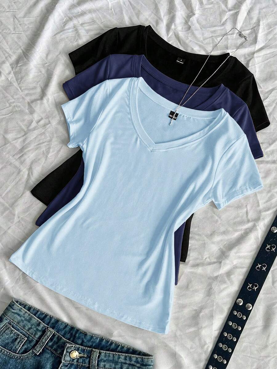 SHEIN EZwear 3件組女款夏季V領緊身T恤,龐克次文化動漫素色基本款V領短袖修身T恤 - 彩色 - 查看 1