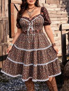Ceyna Plus Size Bohemian Style Vintage Floral Patchwork Ruffle Trim Dress - Brown - View 5