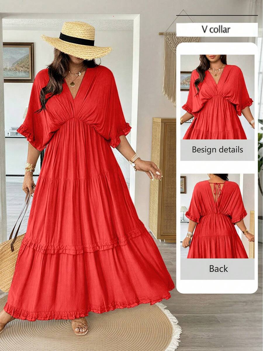 Vionelle Vestido regular con volantes y unicolor de estilo francés, talla grande, primavera/verano - Rojo - Ver 1