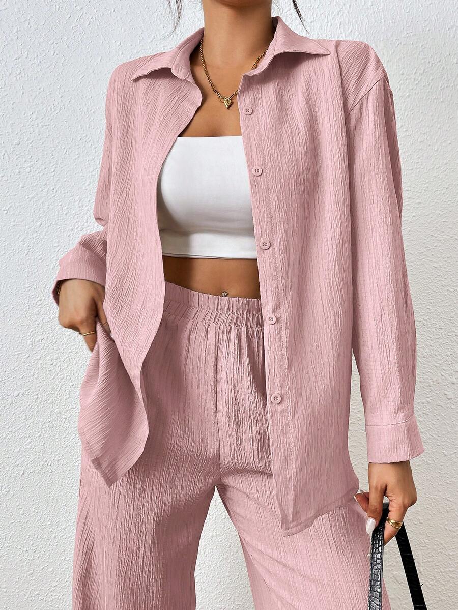 SHEIN PETITE Setelan Wanita 2 Potong: Atasan Lengan Panjang Kancing Depan Warna Polos dan Celana Pinggang Elastis, untuk Wanita Bertubuh Mungil - Baby Pink - View 1