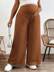 Plussiva Pantalones anchos versátiles y casuales de unicolor con cintura ajustable para maternidad de talla grande - Marrón - Ver 3