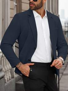Manfinity Mode Men's Plus Size Single-Breasted Business Casual Blazer, Ceremony, Formal - Navy Blue - View 7