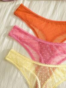 Eraneu 3pcs/Set Hollow Heart Jacquard Mesh Thong Panties - Multicolor - View 4