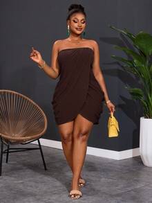 Slaydiva Đầm mini ôm sát cúp ngực vân nổi màu nâu chocolate cho nữ size lớn, phong cách gợi cảm, phù hợp đi du lịch, đi biển, dự tiệc cocktail, đi chơi mùa hè - màu nâu - Xem 6