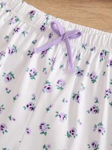 Women's Lace Trim Ribbed Camisole And Ditsy Floral Shorts Casual Knit Pajama Set - Purple - View 6