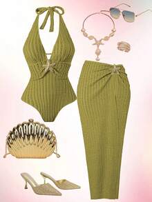 Swim Oasis Plus Size Women Simple Daily Summer One Piece Swimsuit With Skirt Cover Up - Green - View 1