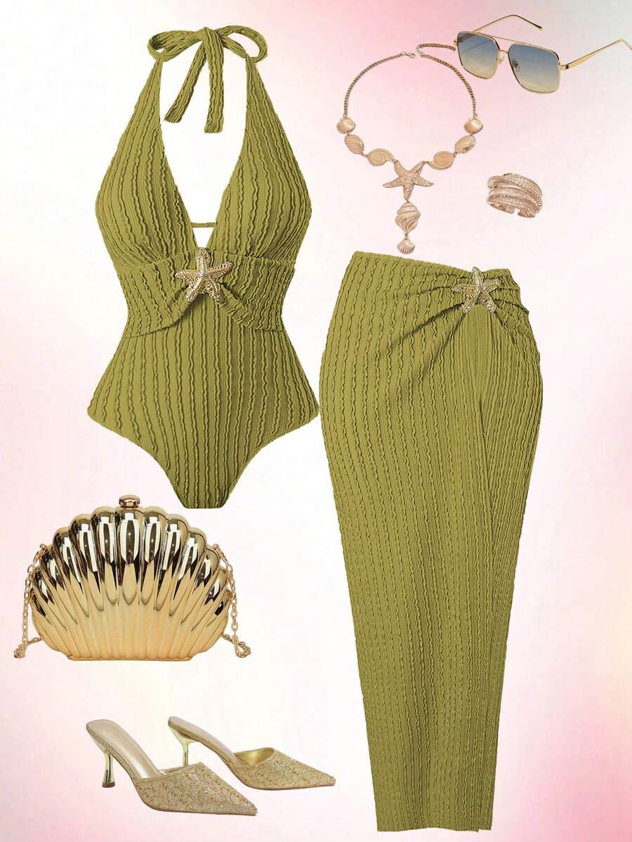 Swim Oasis Plus Size Women Simple Daily Summer One Piece Swimsuit With Skirt Cover Up - Green - View 1
