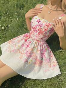 Skyraze Women's Floral Print Mini Camisole Dress,White And Pink Summer Modest A Line Sundress,Elegant Spaghetti Straps Picnic Holiday French Retro Dresses - Multicolor - View 3