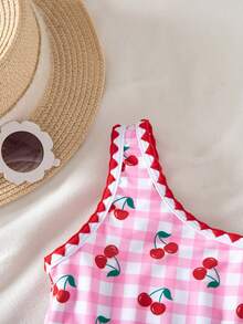 SHEIN Bộ đồ bơi 2 mảnh cho bé gái, áo camisole một vai dệt kim họa tiết kẻ caro và anh đào, quần bơi tam giác - Nhiều màu - Xem 3