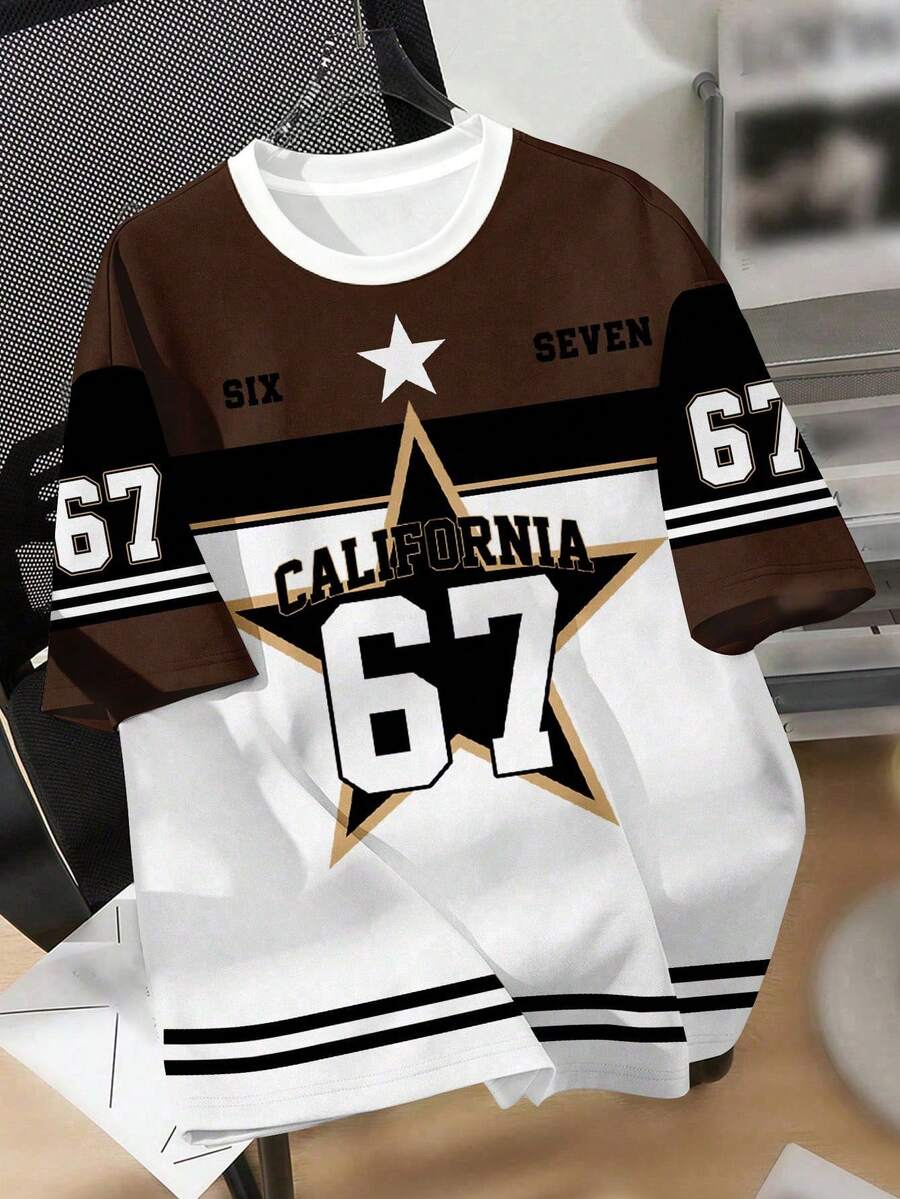 White Summer Streetwear School Back-To-School Tween Boy Loose Fit Short Sleeve T-Shirt,Y2K Sports Jersey,Classic College Number 67 Star Pattern Shirt - Multicolor - View 1
