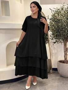 SHEIN Lady CURVE Plus Size Casual Dress, White Round Neck Unbutton Asymmetrical Flowy Hem, Bohemian Style, Suitable For Spring & Summer/Elegant Women's Plus Size Dresses Women's Summer Dresses Women's Black Dress Summer Dress Summer Outfits Summer Clothes Spring Dress Spring Outfit Women Spring Clothing Beach Vacation Outfits For Women Vacation Dress Bohemian - Black - View 6