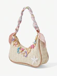 Viva Strut 1 pieza Bolso de paja de vacaciones de verano junto al mar, bolso de hombro con decoración de concha y estrella de mar, con correa de pañuelo de seda rosa para el sobaco, bolso de - Albaricoque - Ver 11