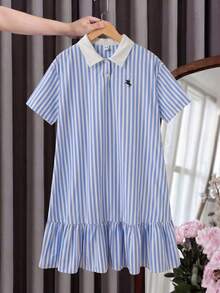 Teen Girl Polo Collar Striped Embroidered Short Sleeve Midi Dress,Baby Blue,Summer,Y2k,Holiday,Back-To-School,Contrast Ruffle Button Front Outwear - Blue - View 9