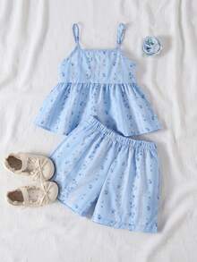 SHEIN Elladie kids 小女孩粉色碎花吊带背心和短裤套装，清爽舒适的夏季服装 - 藍色 - 查看 3