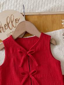 Babygirl Cute Summer Pink Striped Bow Decor Camisole & Elastic Waist Shorts Set - Red - View 7