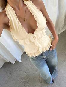 Aloruh Top de punto sin mangas con cuello en V y volantes, unicolor beige, adecuado para citas, vacaciones y uso diario - Beis - Ver 6