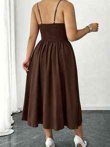 Elenzga Plus Size Women Solid Color Cinched Waist Spaghetti Strap Dress - Brown - View 2