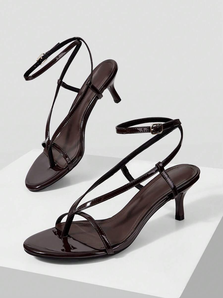 Mnmlis Women Shoes Summer Cross Strap Metal Buckle Square Heel Vintage Patent Leather Sandals Commuter Dinner - Brown - View 1