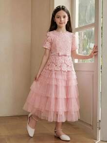 Anewsta Girls' Summer Dress Festival Outfits, Round Neck Pink Bow Tulle & Lace Patchwork Dress - Pink - View 3
