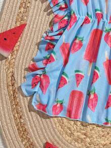 SHEIN Young Girl Watermelon Print Ruffle Hem Cover Up Dress - Blue - View 5