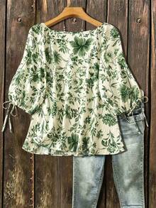 SHEIN CURVE+ Camisa casual de mujer talla grande con estampado floral y mangas abullonadas - Verde - Ver 2