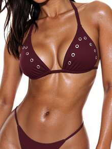 Swim Basics Women's Solid Color Halter Tie Keyhole Decor Bikini Top, Suitable For Summer Vacation & Beach - Burgundy - View 9