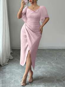 Modelyn Plus Size Women's Metal Buckle Contrast Color Draped Neck Chiffon Transparent Ruffle Sleeve Fitted Front Slit Elegant Curve Dress Wedding Guest Pink - Pink - View 5