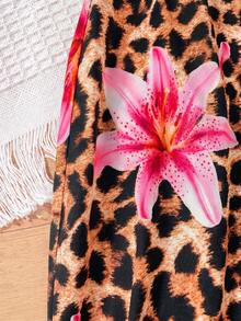 SHEIN Jumpsuit Kasual Bayi Perempuan Motif Leopard dan Bunga Kecil - MultiWarna - View 7