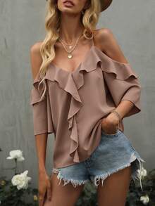 SHEIN Clasi 女士纯色露肩荷叶边休闲百搭日常短袖衬衫 - 卡其色 - 查看 3