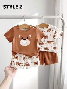 SHEIN Playful Pals Bộ 4 món áo thun cổ tròn in hình khủng long dễ thương cho bé trai sơ sinh, kiểu dáng thường ngày, thoải mái, dễ mặc, tay ngắn, thích hợp cho mùa xuân và hè, mặc hàng ngày và đi chơi. - Nhiều màu - Xem 3