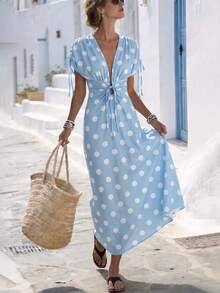 SHEIN Holidaya V-Neck Bowknot Shoulder Long Dress For Women - Baby Blue - View 5