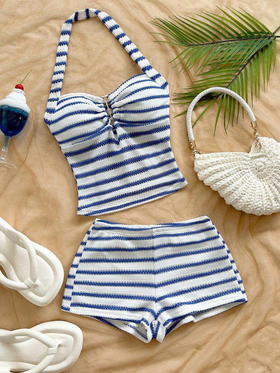 Soleia Women's Blue And White Stripe Halter Top And Shorts Casual Coastal 2 Pieces Set, Summer Outfits For Women Beach - Blue and White - View 1