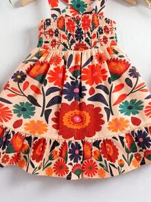 SHEIN Vestido sin mangas con volantes y lazo en la espalda, con estampado floral tejido para bebé niña - Multicolor - Ver 4